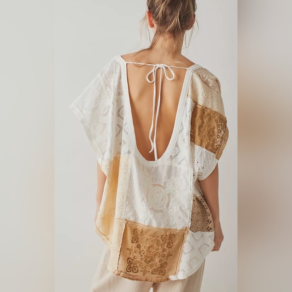 Free People Patchwork Lace Top in White and Tan - Picture 6 of 6